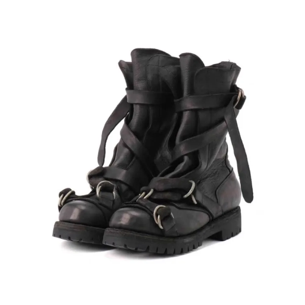 Men's Leather Motorcycle Boots Punk Retro Thick Soled Mid-Calf Knight Boots Black Soft Belt Buckle Strap High-top Moccasin Shoes
