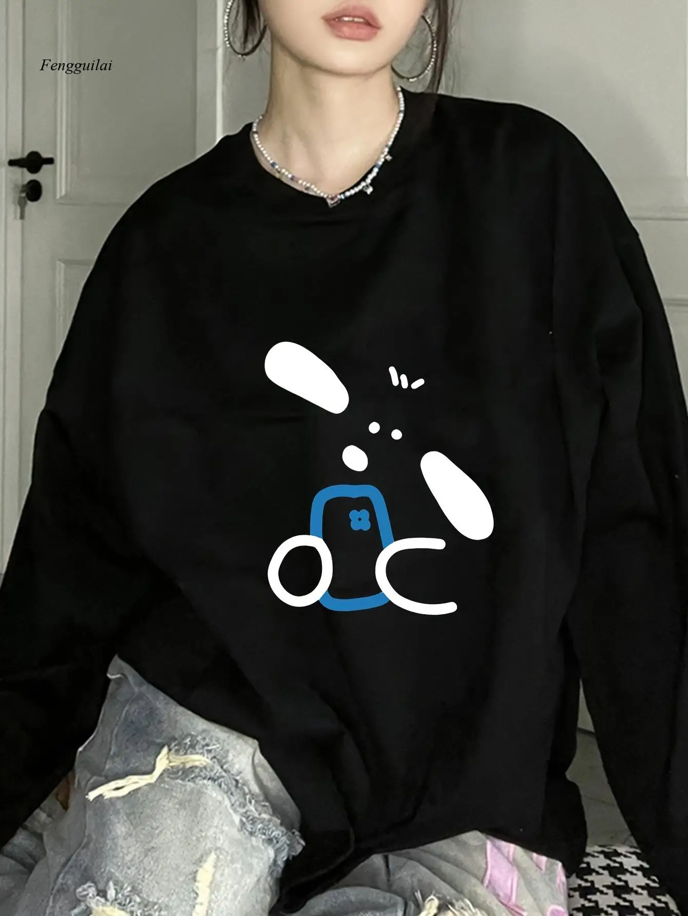 Casual Oversized Sweatshirt, Long Sleeve Round Neck, Geometric Pattern, Cotton Blend, Stretchy Polyester Lining