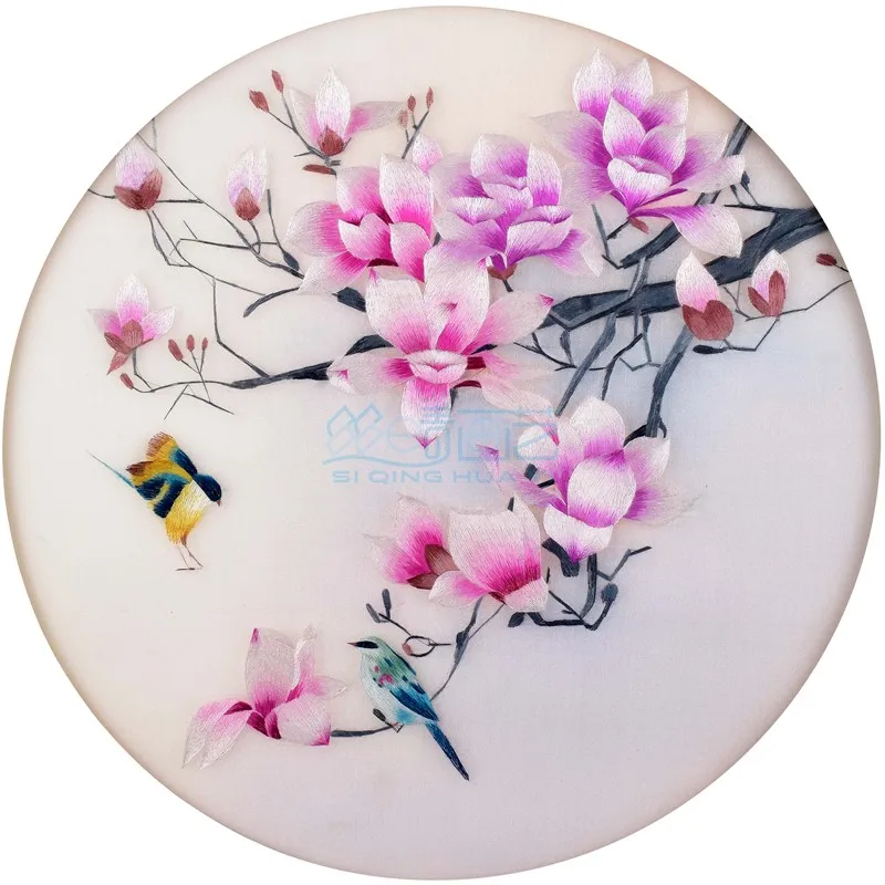 Magnolia Flower & Bird Embroidery Kit, DIY Hand Embroidery Starter Set with Pre-Printed Fabric, Silk Threads