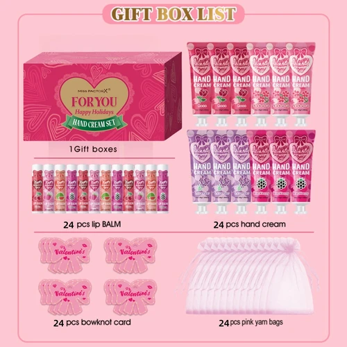Imagen 2 del producto Juego de regalo de crema de manos y bálsamo labial de 96 piezas: incluye bolsa de regalo rosa y tarjeta con lazo, adecuado para bodas, distribución de regalos navideños