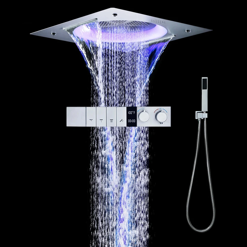 Thermostatic Shower Diverter Bathroom Faucet Ceiling Black Shower Head Rainfall Luxurious LED lighting Shower System Set