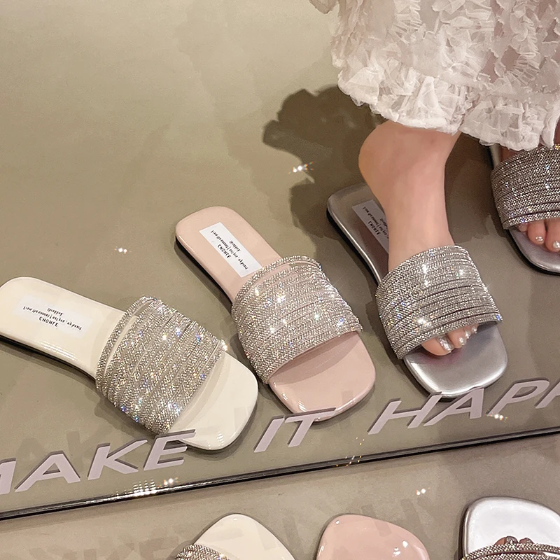 

Summer Crystal Open Toe Women Slippers Concise Soft Sole Flats Shoes Outdoor Comfort Slip On Beach Vacation Slides