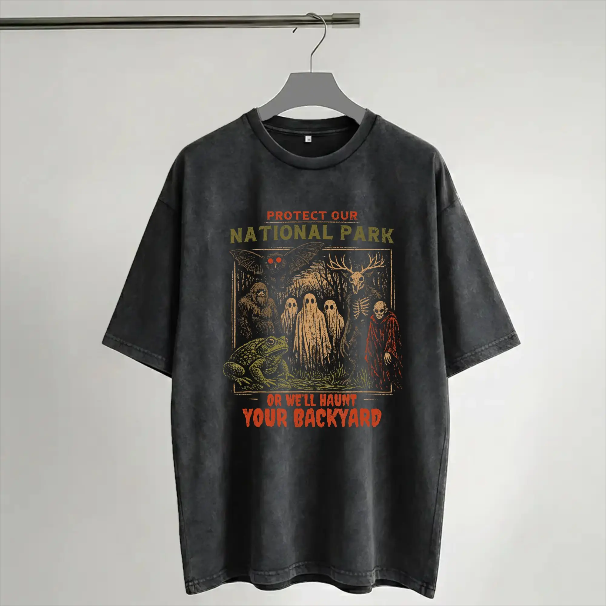Protect National Parks Bigfoot Mothman Ghost Forest Demon  T Shirts Hip Hop Washed Short Sleeve High Street T-Shirt