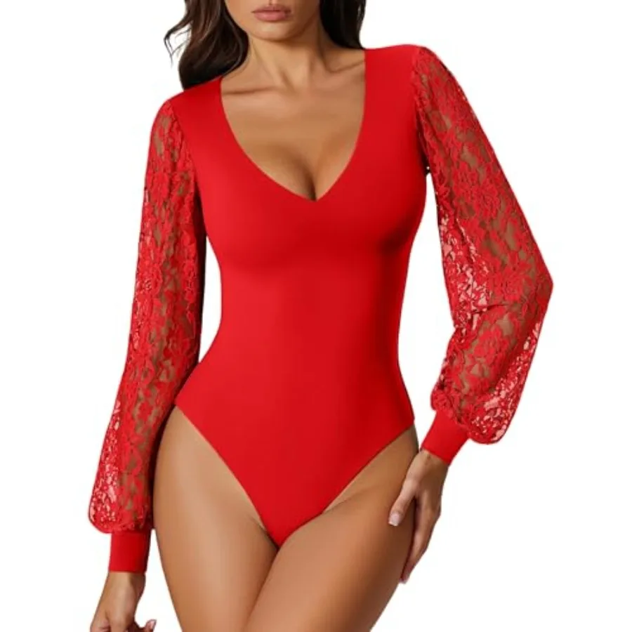 

Avidlove Womens Long Sleeve Bodysuit Double Lined V Neck Lace Puff Sleeves Going Out Top Shirts Thong Leotard Body Suit