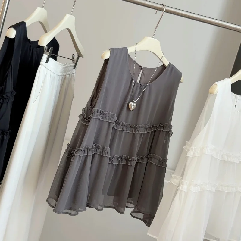 

Gentle style sleeveless vest shirt for women, summer chiffon babydoll shirt, loose and slimming, French fashion, elegant and ver