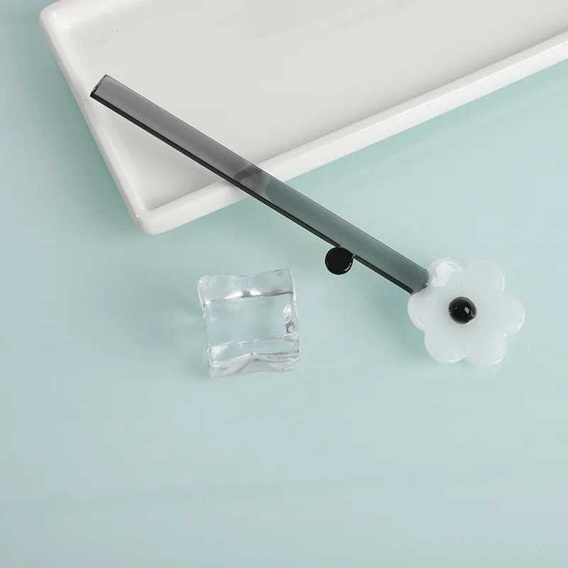 ملعقة زجاجية بمقبض طويل، ملعقة حلوى من الزجاج الشفاف الإبداعي، على شكل زهرة، ملاعق تقليب القهوة الملونة، شريط لاصق