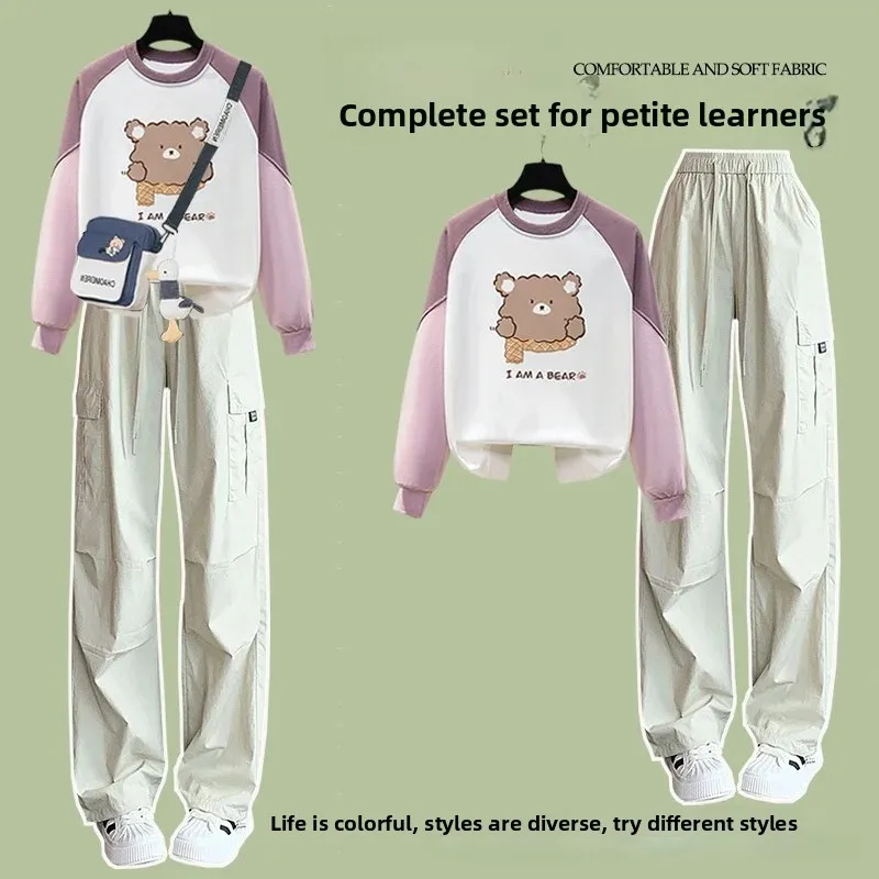 Spring Autumn Color Block Hoodie Casual Set Women's Small Size Student Korean Style Autumn Clothes College Style Two Piece Set