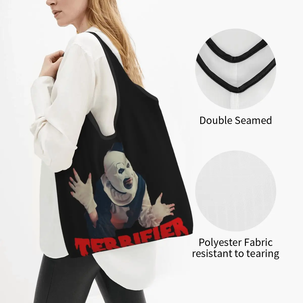 Halloween Movie Terrifier Horror Clown  Portable Tote Shopping Bags Large Capacity Shopper Bag Grocery Handbag Shoulder Bag