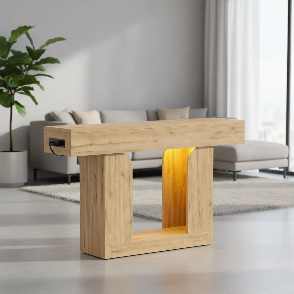 47 Inch Narrow Entryway Console Table with USB Charging and LED Lights Natural Oak Farmhouse Living Room Sofa Shelf