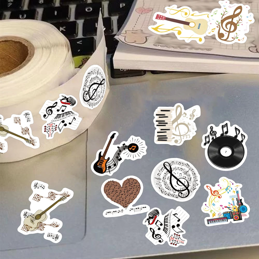 500 Stück/Rolle Retro Elegante Musik-Vinyl-Aufkleber Lustige Gitarren- und Klaviernoten 10 Verschiedene Muster Dekorative Scrapbook-Umschläge