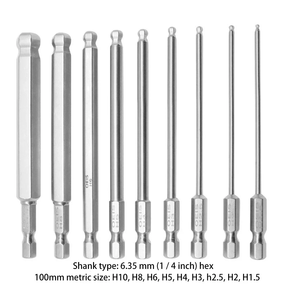 Ball End Hex Screwdrivers Bits Set Metric Allens Hex Bits 100mm Long Magnetic Ball Head Driver Bits H1.5.5 H3 H4 H5 H6 H8 H10