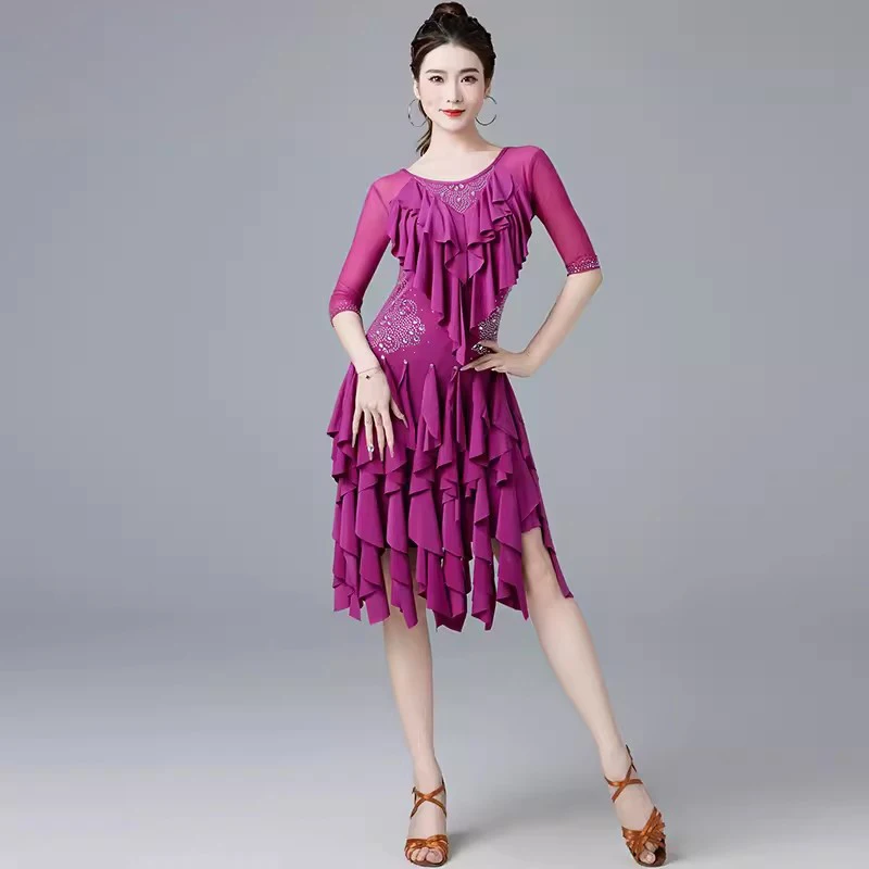 

Women One-Piece Latin Dance Dresses Gilr Salsa Samba Sling Stretchy Dress Half Sleeves Fringes Competition Costume Set