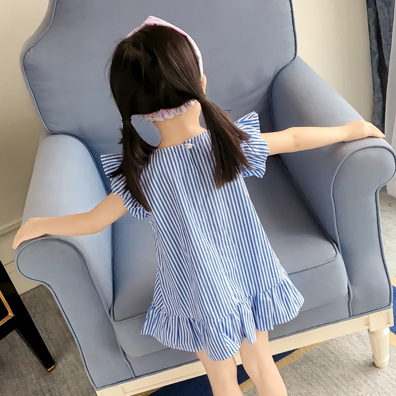 2024 Summer Girls Striped Dress Children Short Sleeves Flowers Princess Dress Baby Korean Version Beach Casual Dress 1-8Y