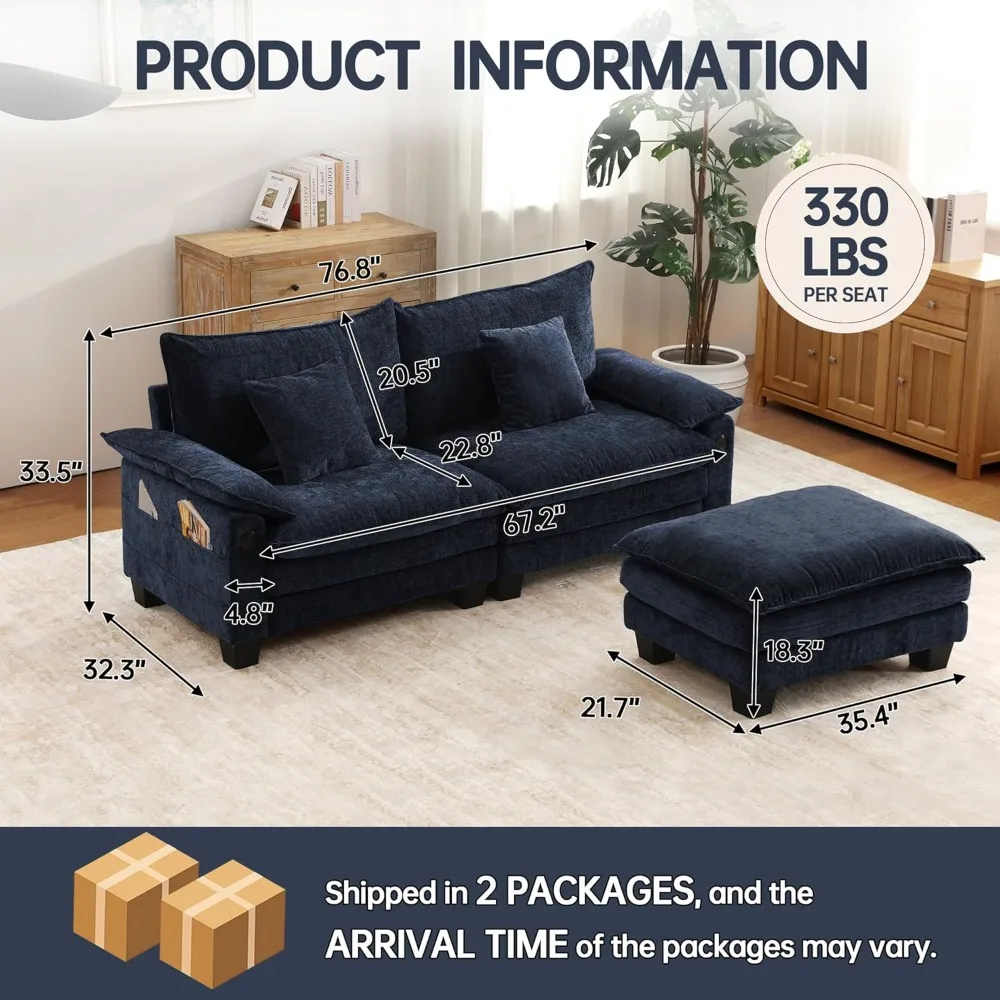 Modular Sectional Sofa 76.8'' Cloud Couch L Shaped Sectional Couches with Movable Ottoman, USB, Comfy Sectionals Sofa