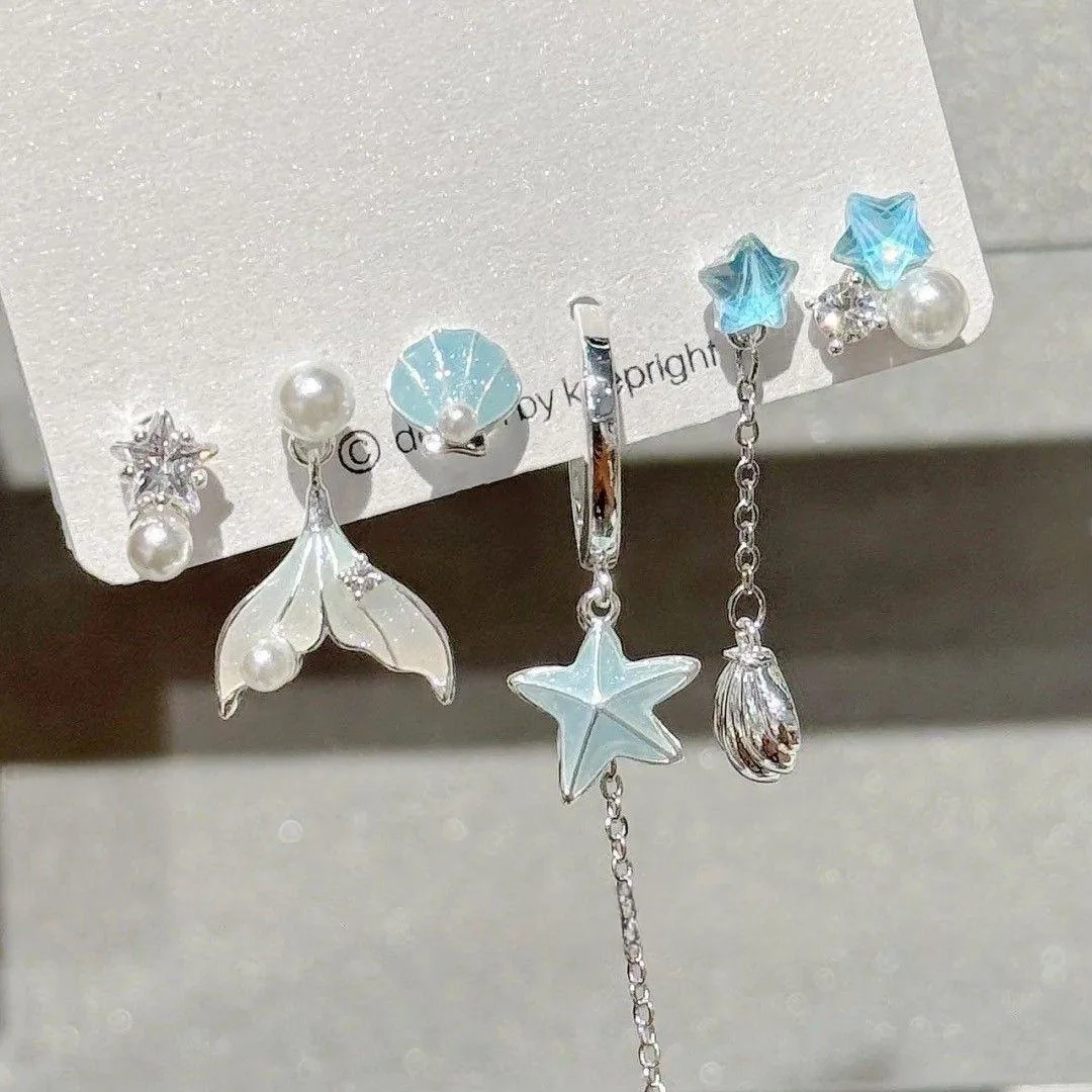 6PCS SET Fashion Y2K Blue Crystal Star Starfish Shell Pearl Tassel Chain Dangle Earrings Beach Ocean Accessories Gift Women NEW