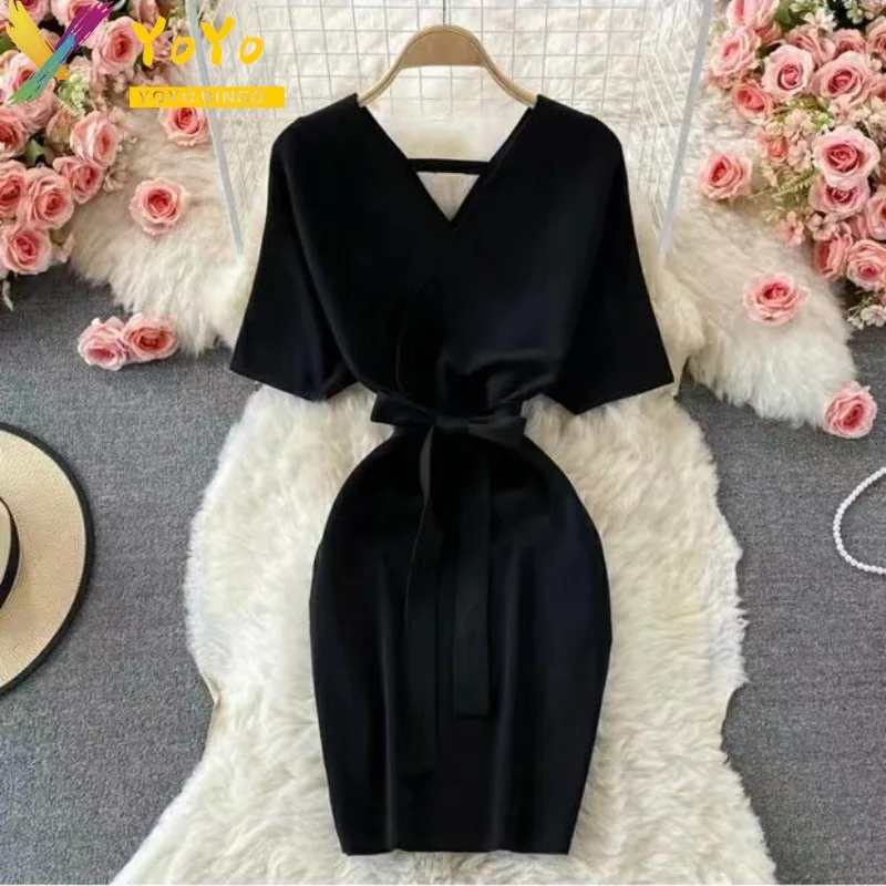 Formal Solid Knitted V-neck Bat Sleeve Lace up Dress 2024 French Style Summer Elegant Slim Bodycon Club Sweater Dress