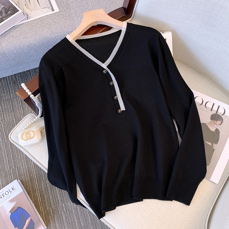 2022 Winter Women's Blouses Pullover Long Sleeve V-Neck Slim Female Knitted Sweater For Female Button Solid Sweaters Tops