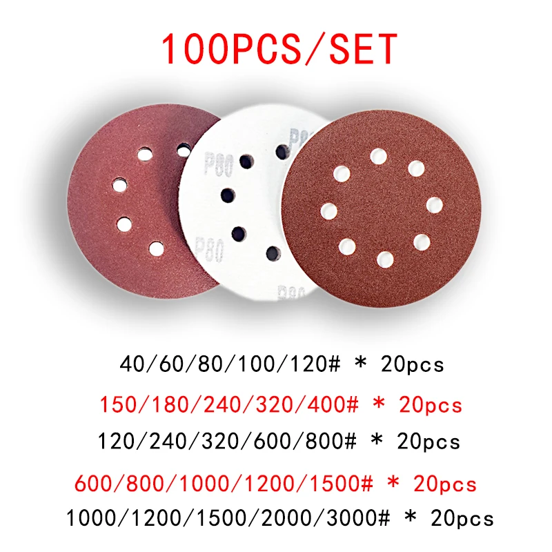 Jeu de disques abrasifs, 100 pièces, 5 pouces, 8 trous, 125mm, disque de meulage en métal, outil de polissage conversif, grain 40/80/120/2000