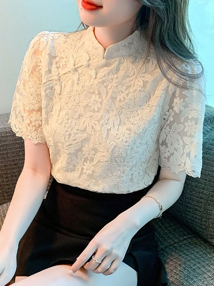 Summer Short Sleeve Vintage Lace Blouse Shirt Women Tops Blouse Women Blusas Mujer De Moda 2024 Verano Blouses Shirts Blusa G469