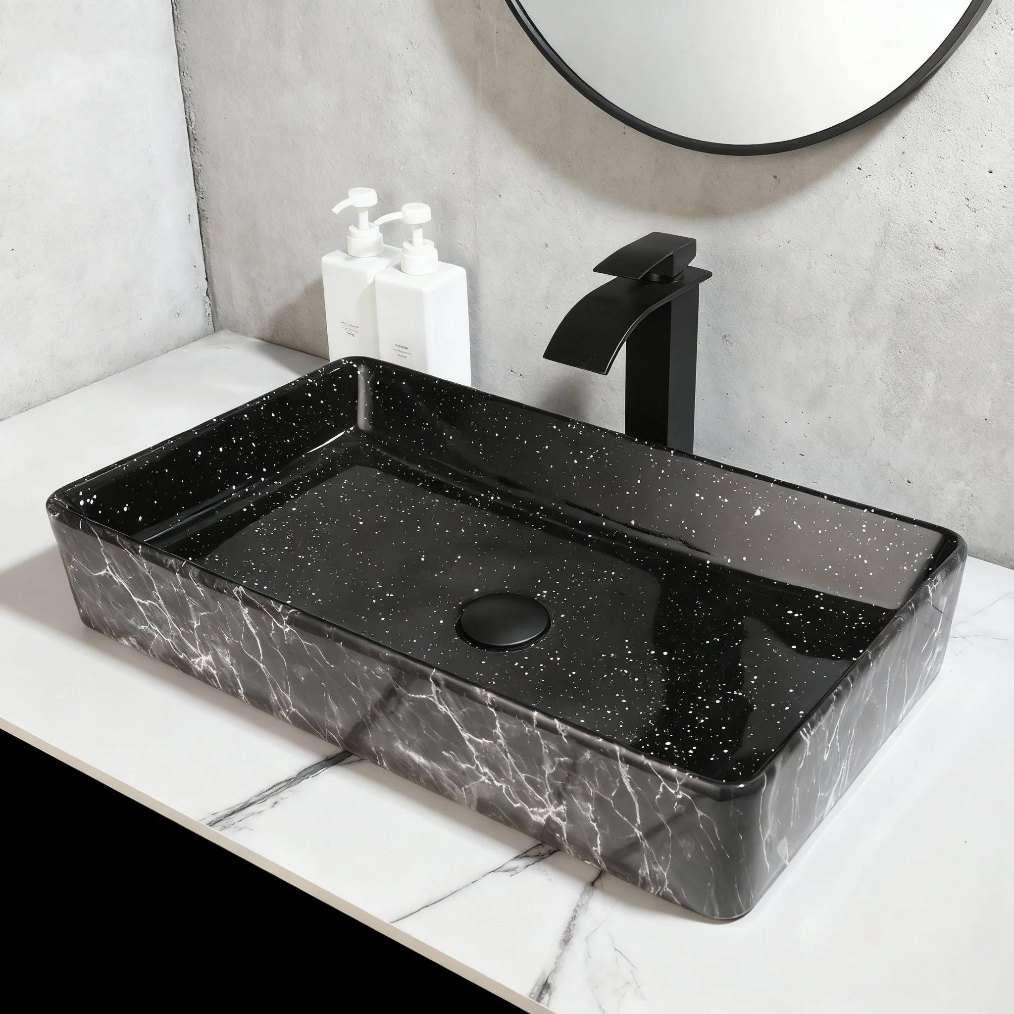KEMAIDI Big Bathroom Vessel Sink 24'' Ceramic Vessel Sinks with Faucet Drain Combo Marbling Matte Black Vessel Sink Rectangular