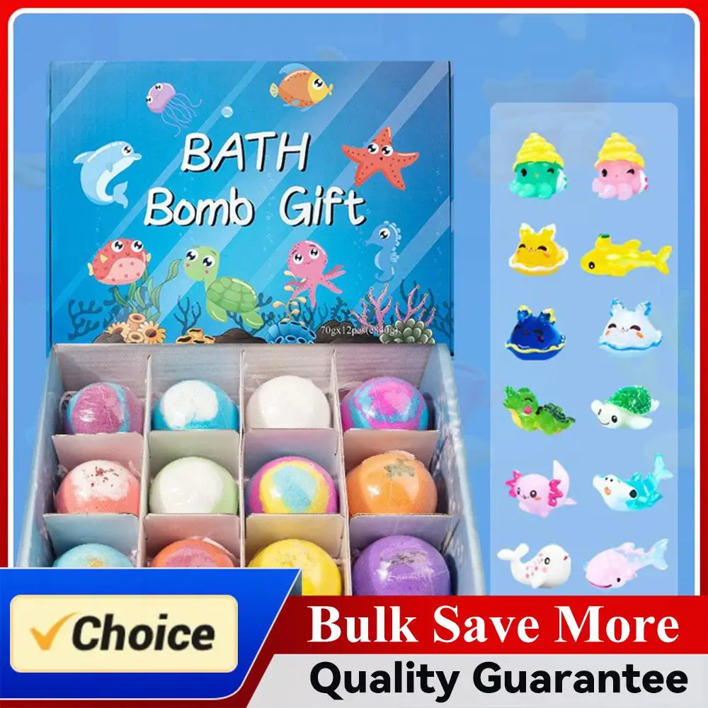 12Pcs Ocean Themed Bath Bombs Gift Set with Surprise Sea Animal Toys Inside 60g Handmade Bubble Bath Salt Balls for Kids Bath