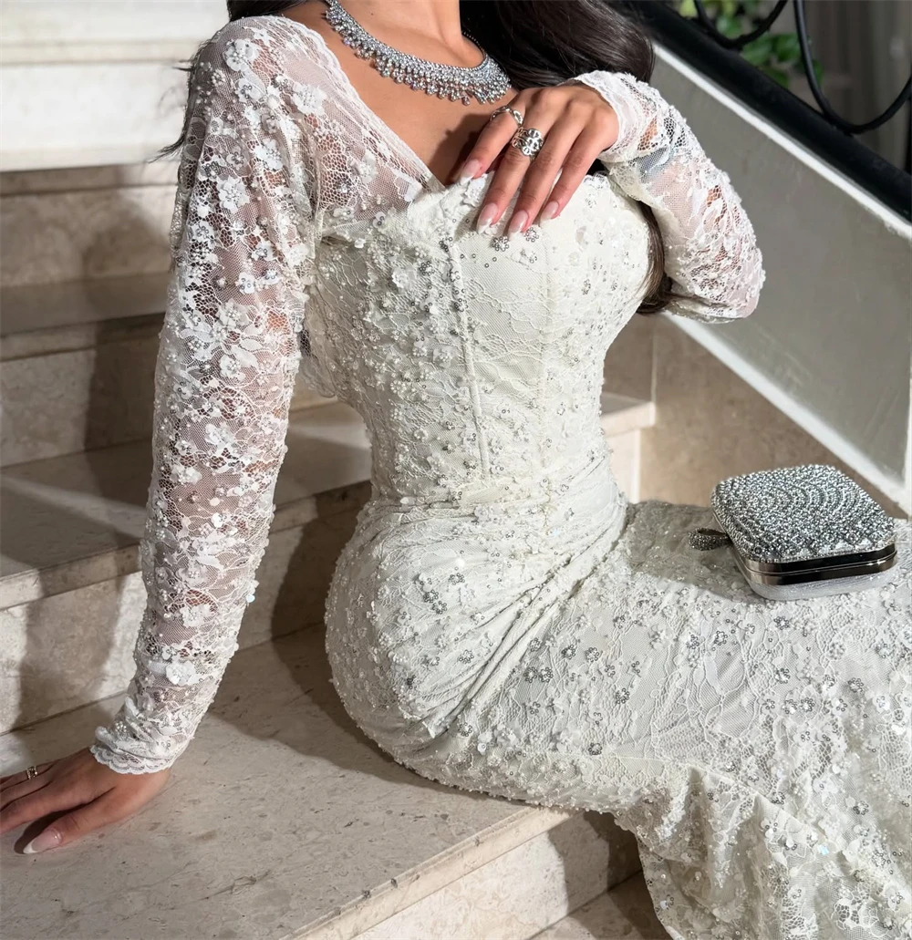 Robe de soirée en dentelle blanche, personnalisée, élégante, col carré, manches longues, robes de soirée, Sexy, sirène, perles, robes de célébrité
