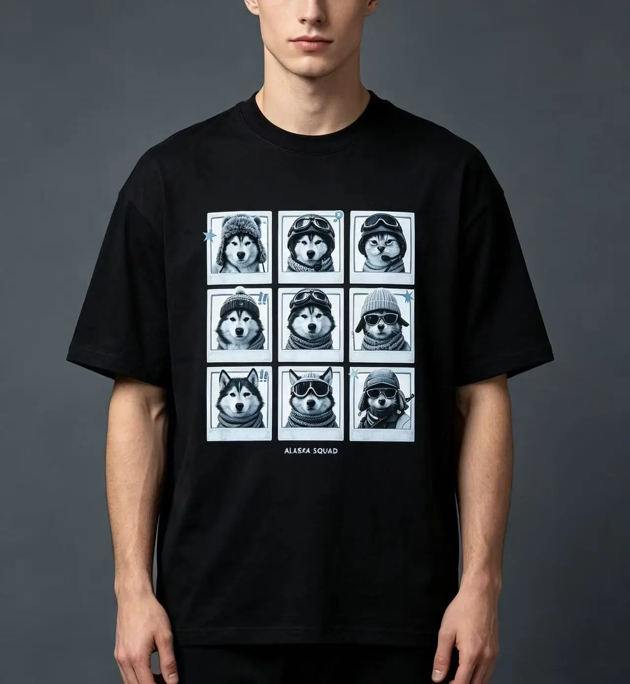 Unisex Alaska Squad Husky Cat Polaroid Photo Grid Graphic T Shirt Men Women Winter Animal Vintage Print Oversized Crew Neck Cotton Top