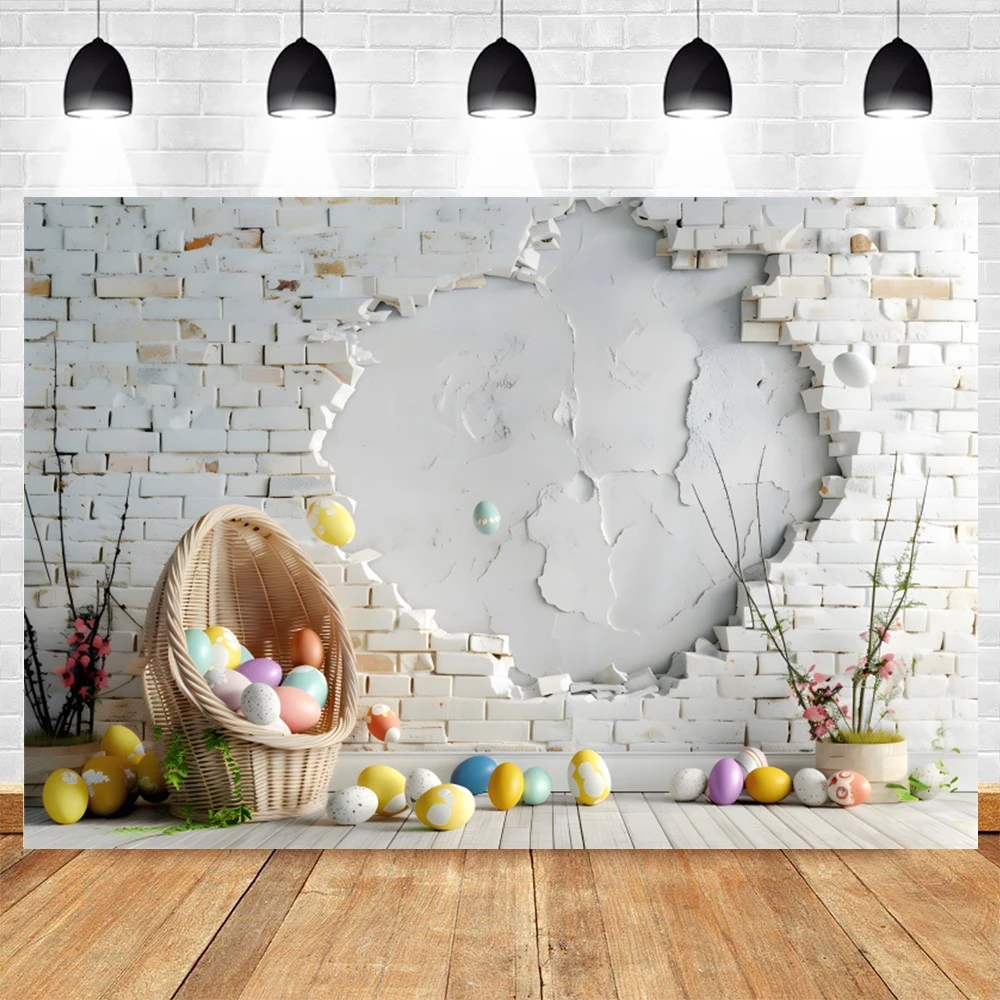幸せなイースターデーの背景レンガの壁、木の板、春の花、ウサギ、イースターエッグ、ウサギの肖像画、写真の背景、子供のための小道具
