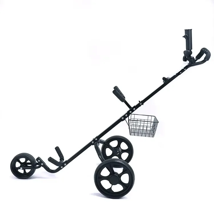 One-click folding three-wheel golf cart, black iron trolley with handbrake 25kg load-bearing