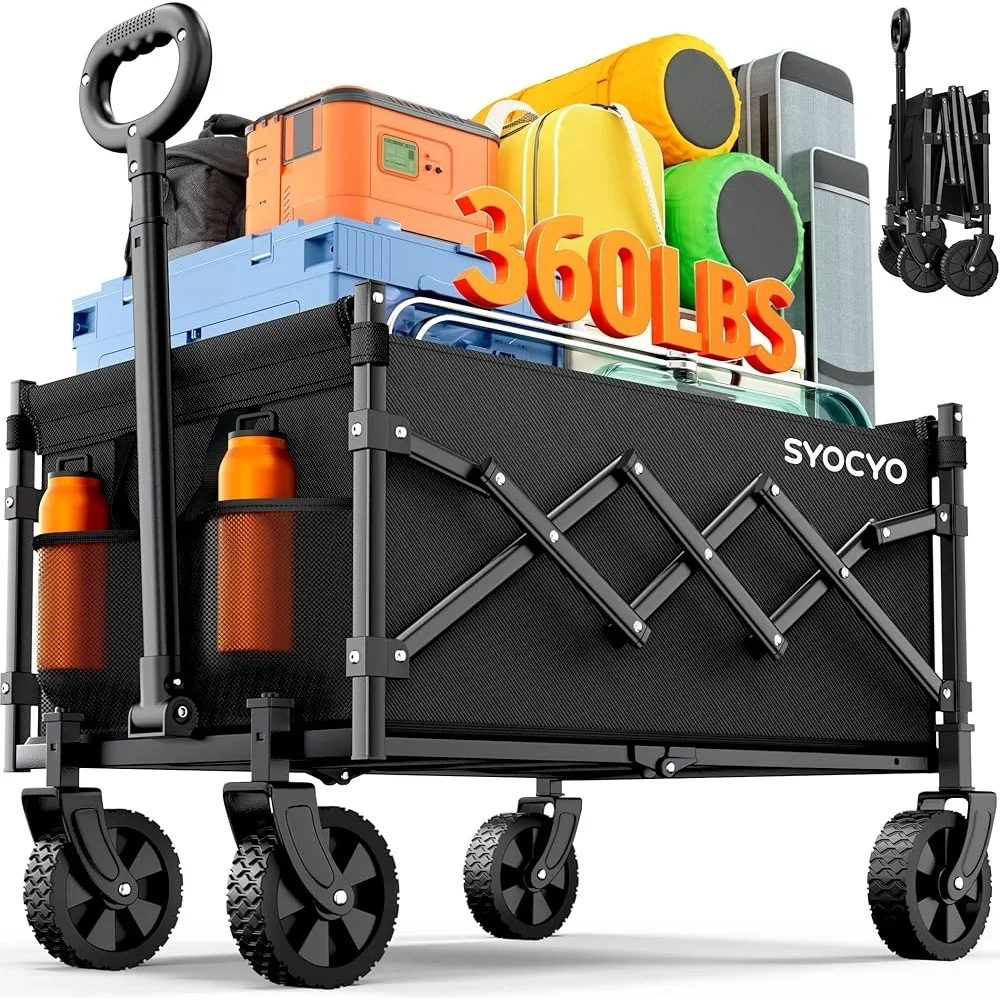 Collapsible Wagon Cart 360lbs Heavy Duty Lightweight Portable Folding Utility Carts Beach Shopping Camping Gardening 4 Wheels