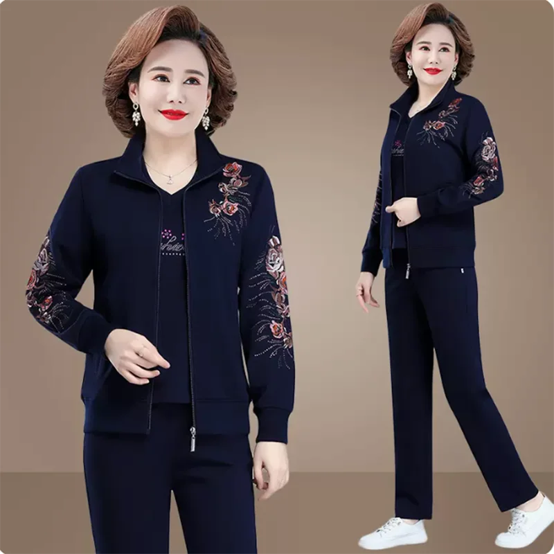 Middle Aged Mother Tracksuits Spring Autumn Casual Embroidered 3 Piece Set Large Size Casual Women Outfit Sportswear Suit L-5XL