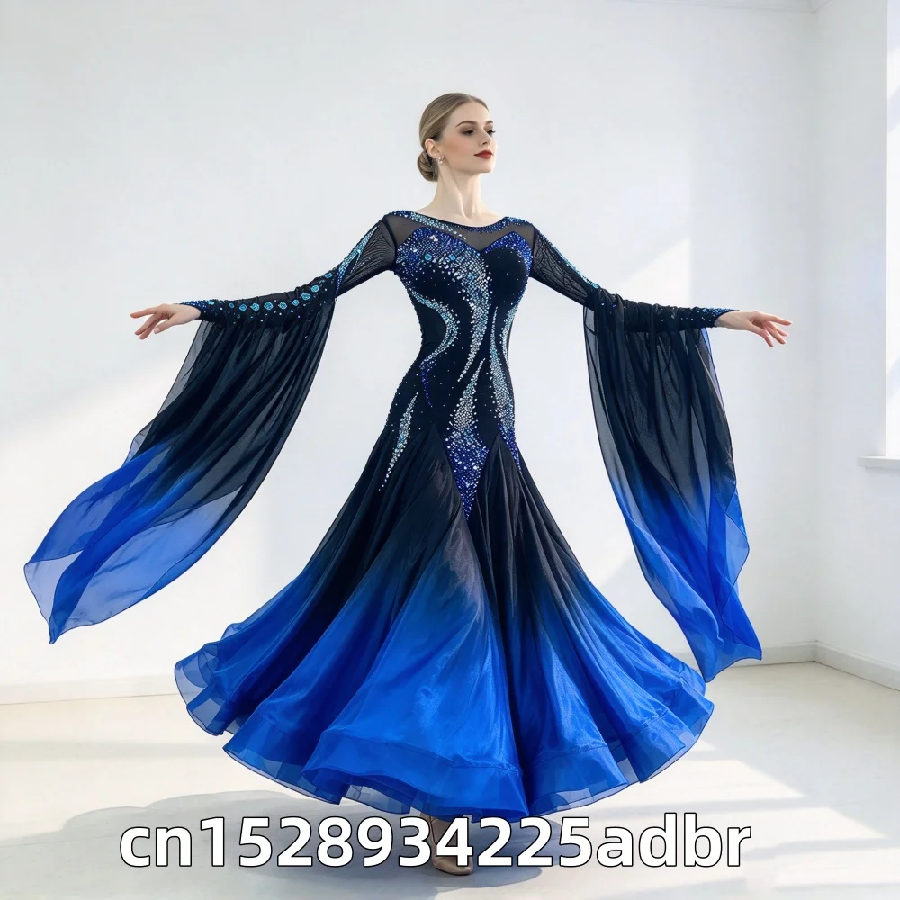 Customized Gradient Pearl Yarn Modern Dance Competition Dress, Ballroom Dance Waltz Performance Dress, Ballroom Dance Dress