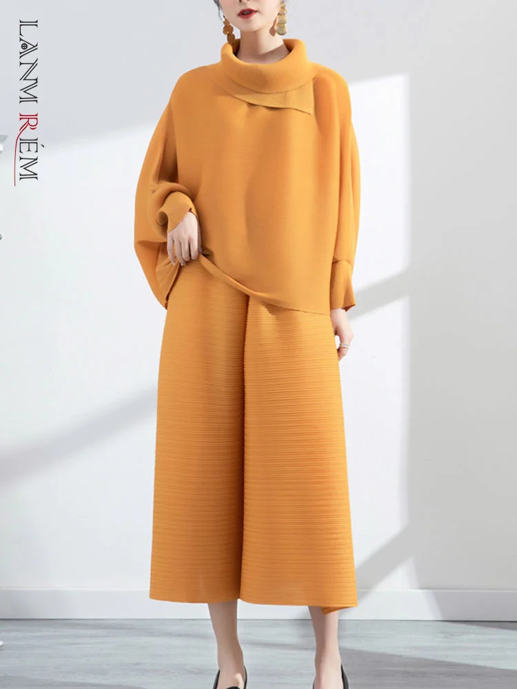 LANMREM 2 Pieces Sets Pleated Lapel Long Sleeve Top With Wide Leg Elastic Waist Pants Women Elegant Clothes 2023 Autumn 2I434