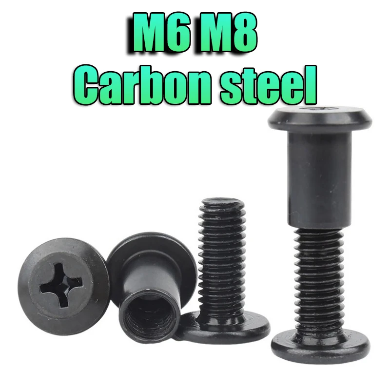 10~50Set M6 M8 Carbon Steel with Black Large Flat Phillips Furniture Screw with Nut Rivet Connector Insert Joint Sleeve Nut