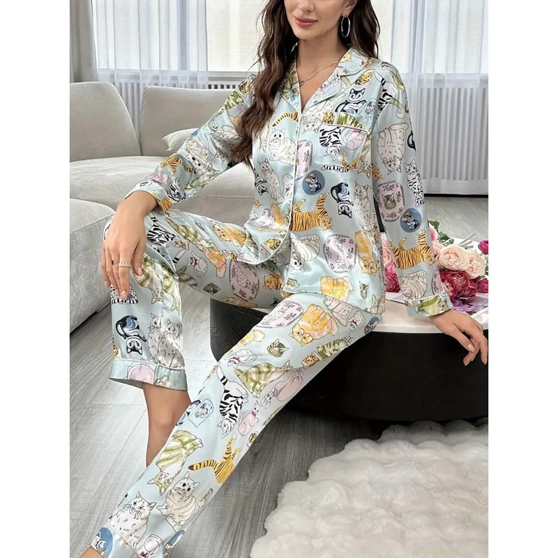 Autumn Winter Pajamas for Women Satin Pijamas Long Sleeve Long Pants Nightwear Kawaii Cat Print Thin Pajamas Silk Sleepwear