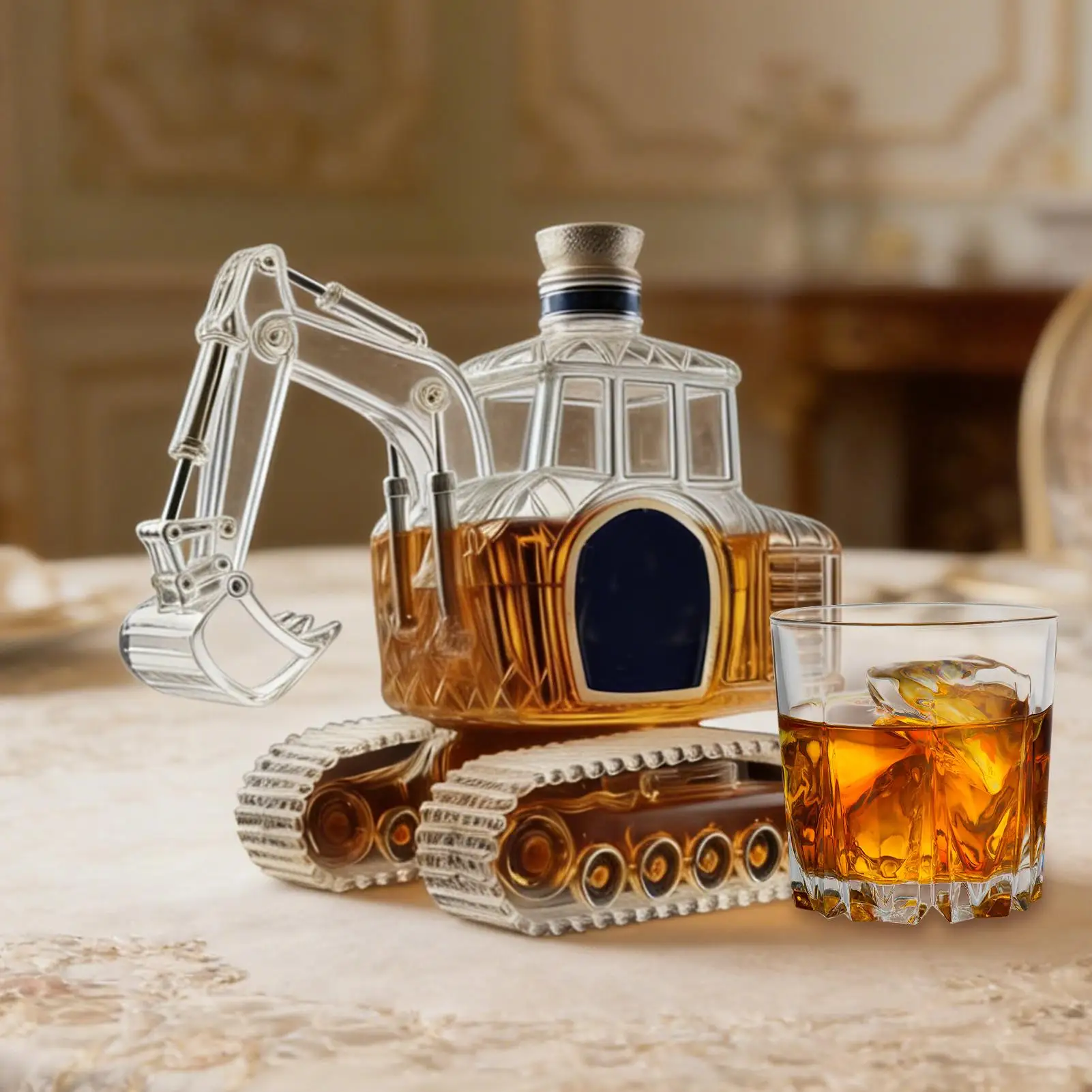 Whiskey Bottle 350ml Excavator Shaped Pourer Dispenser Glass Liquor Decanter Statue for Bourbon Home Bar Fathers Birthday