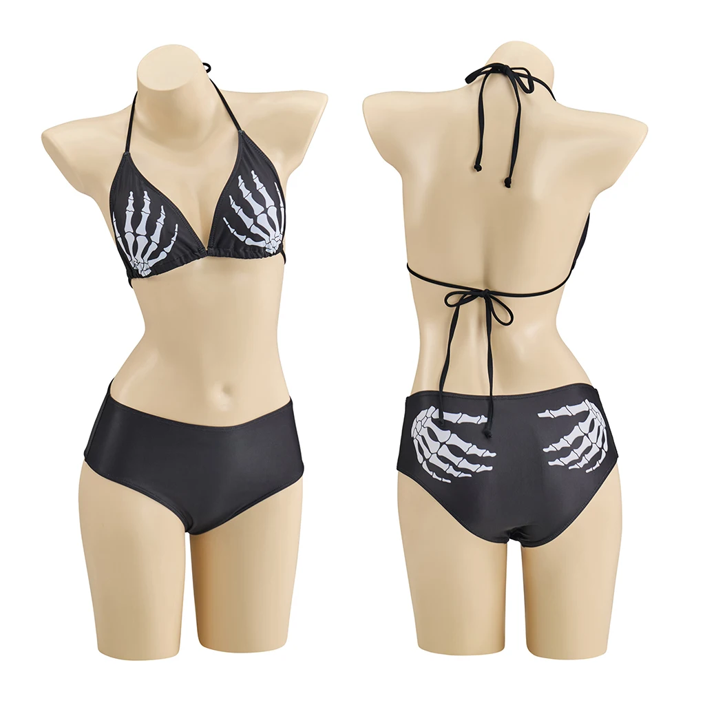 

Sexy Women Gothic Skeleton Hands Print Bikini Set Punk Rock Split Bathing Suit Halloween Pool Party Ghost Cosplay Swimwear