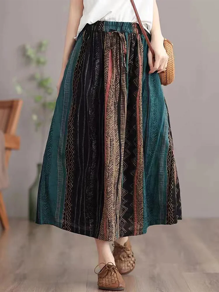 

Retro Print Linen Cotton A-Line Midi Skirt High Waist Commute Sle f-length Women's Faion Summer Season Stripe Pattern