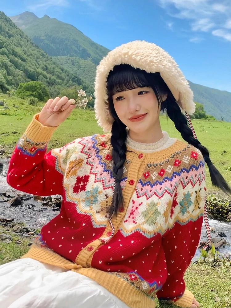 106 سنتيمتر تمثال نصفي خريف شتاء الأحمر بالأزرار البلوزات النساء Vintage أنيقة فضفاضة أيسلندا معرض جزيرة س الرقبة الصوف الدافئة محبوك البلوزات #5