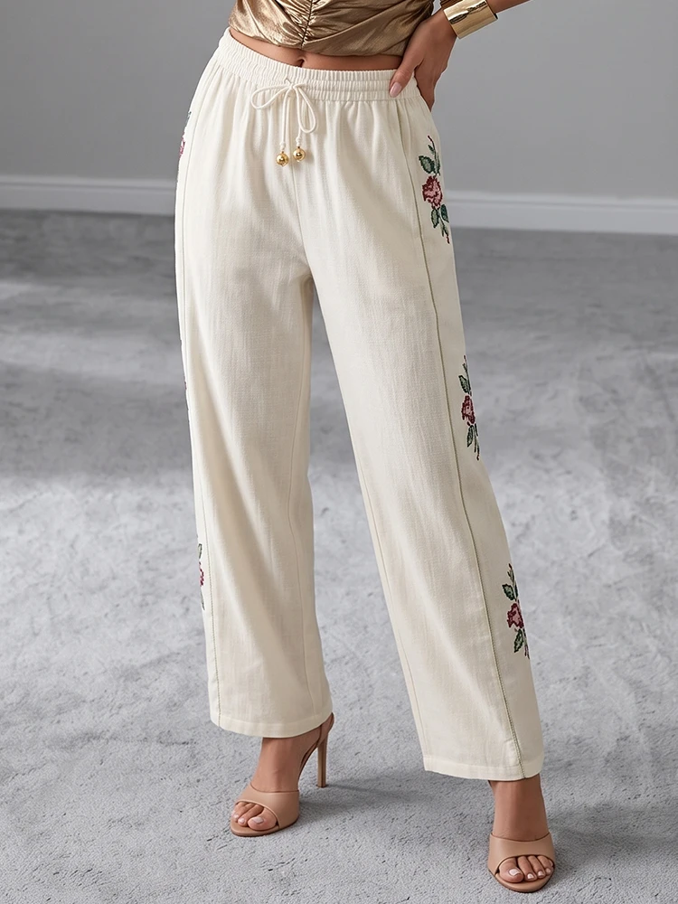HH Boho Off White Embroidered Pants Summer Elastic Drawstring Waist Side Rose Straight Leg Trousers For Beach Vacation Sports