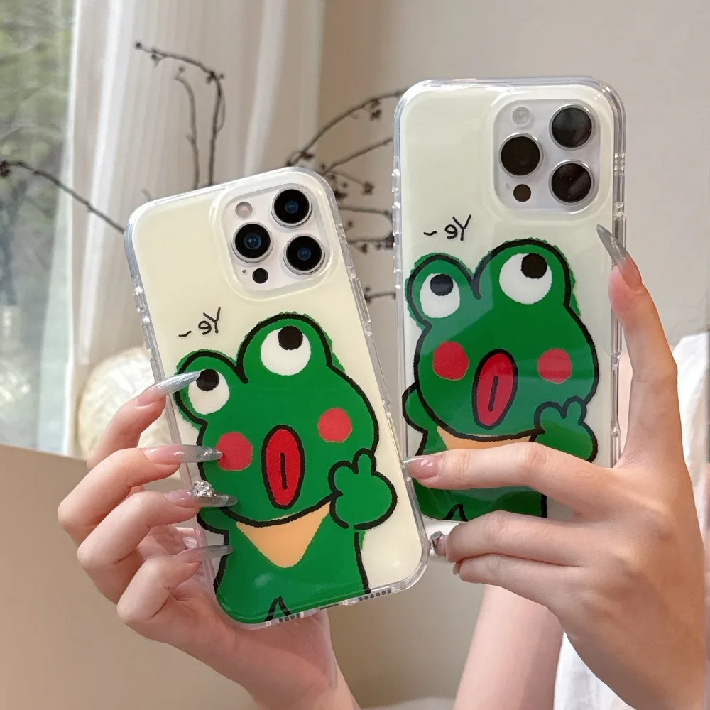 

New Korean INS Cartoon Lovely Frog Print Phone Case For iPhone 17 16 15 14 13 Pro Max Transparent Border Protective Cover