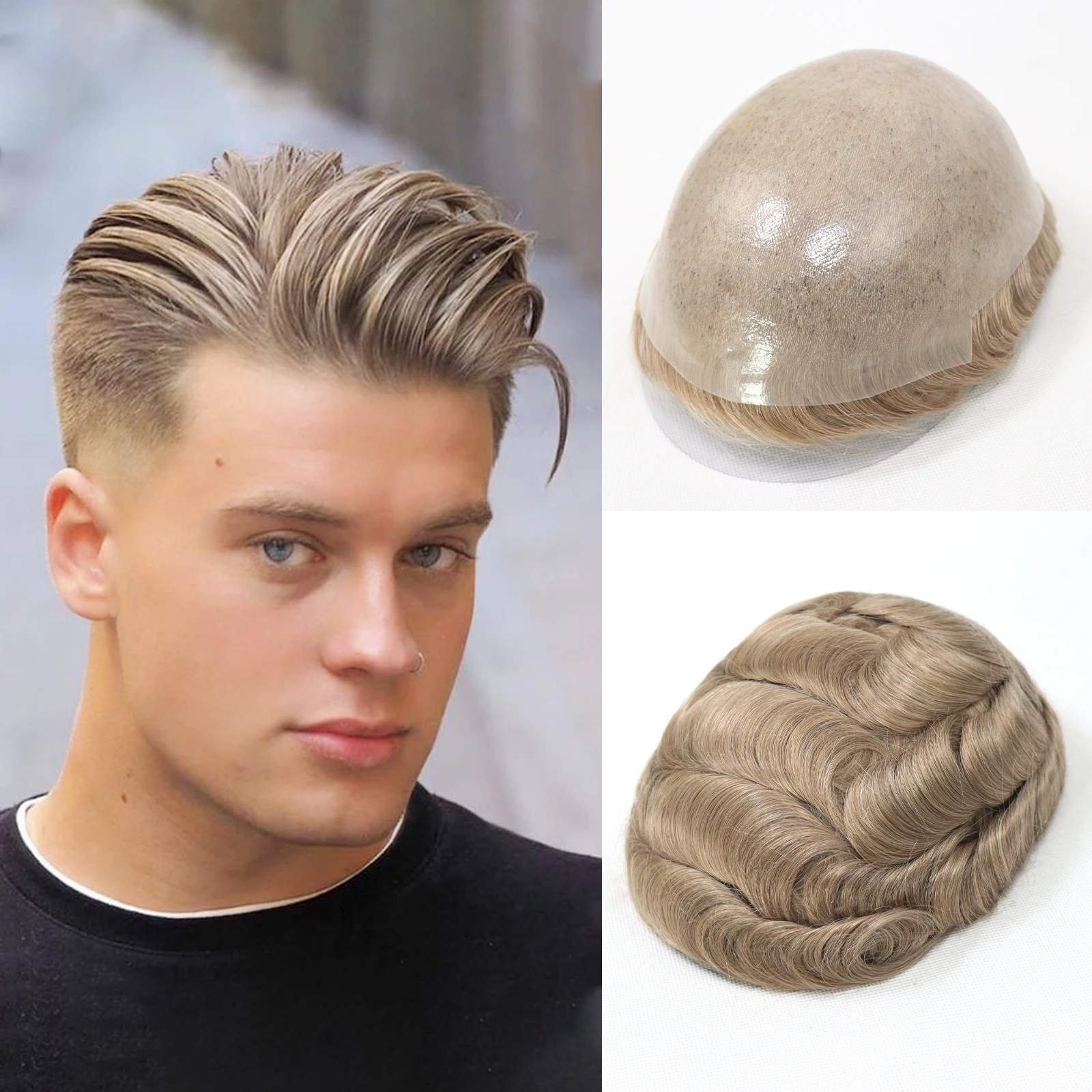 

Men's Toupee PU Base Durable Knot Wig 8x10Inch Male Natural Blonde Human Hair Capillary Prothesis System Replacement For Man