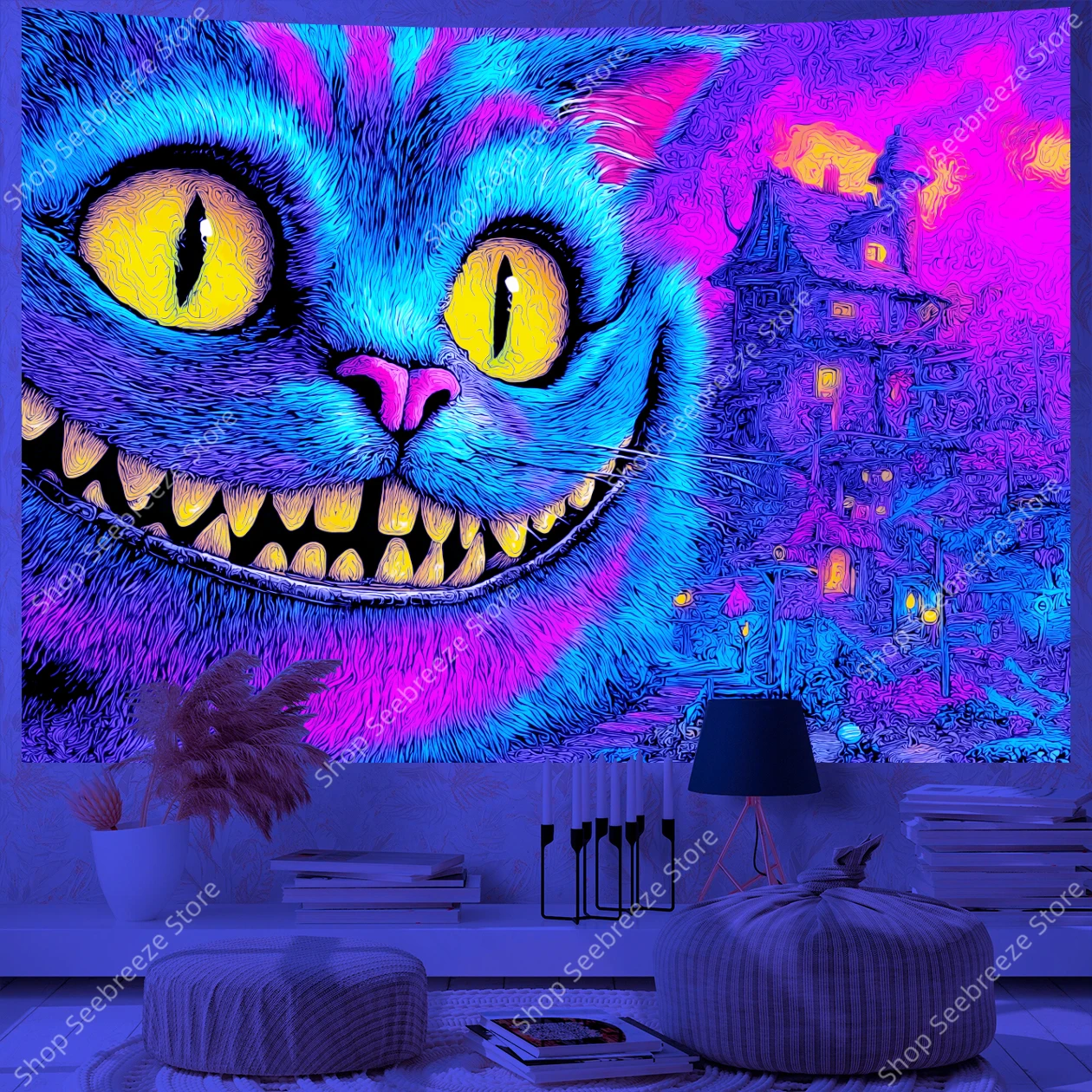 Lebendige Grinsekatze Grinsen, geheimnisvolles lila Haus, Fantasie-UV-Wandteppich, Wandbehang, Büro, Schlafsaal, Dekor für Schlafzimmer, Spielzimmer