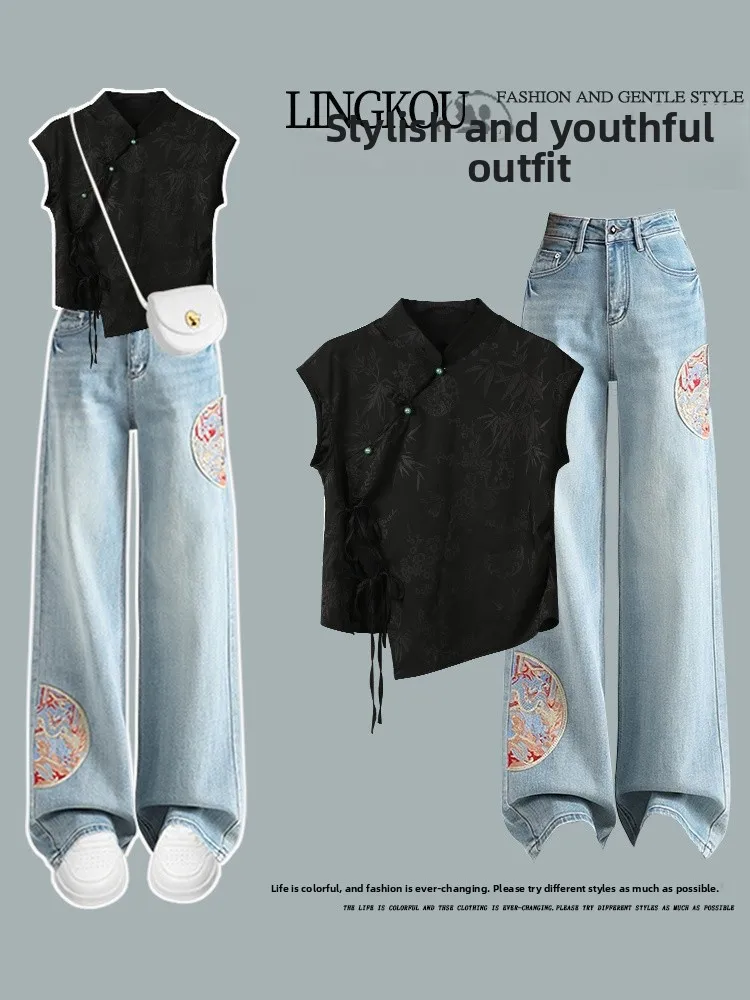 

Новый комплект в китайском стиле Ханьфу: летний модный вышитый топ, облегающие джинсы, традиционный женский костюм с цветочным узором