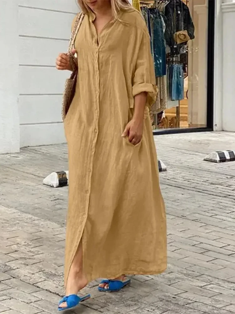 2024 New Women's Cotton and Hemp Loose Robe Summer Beach Sunscreen Clothing Cotton and Hemp Single Breasted Long Shirt Dress