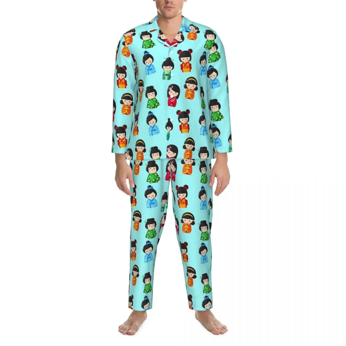 

Kokeshi Japanese Dolls Pajamas Man Kawaii Room Nightwear Autumn 2 Pieces Casual Oversized Graphic Pajamas Set
