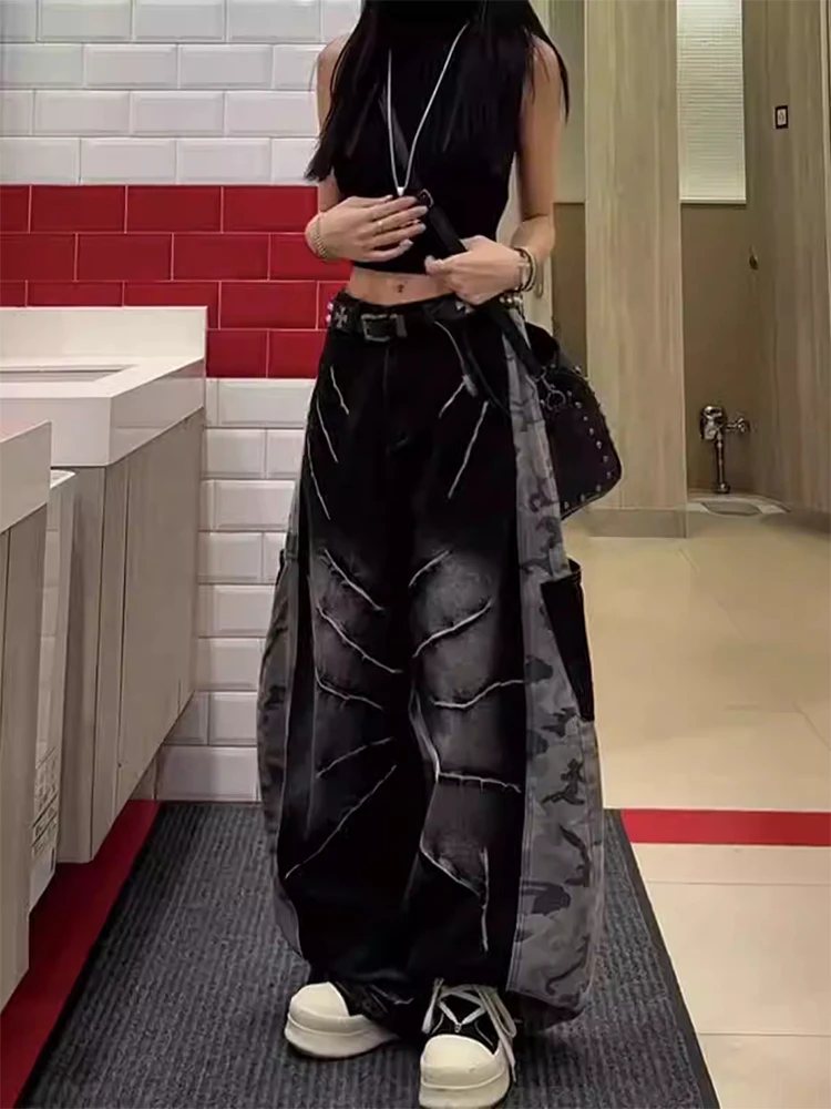 Damen Jeans Dark Academia Patchwork Baggy Herren Jean 2000er Jahre Goth Denim Hose Y2k Wide Fit Lange Hose Japanisch Harajuku Neu In