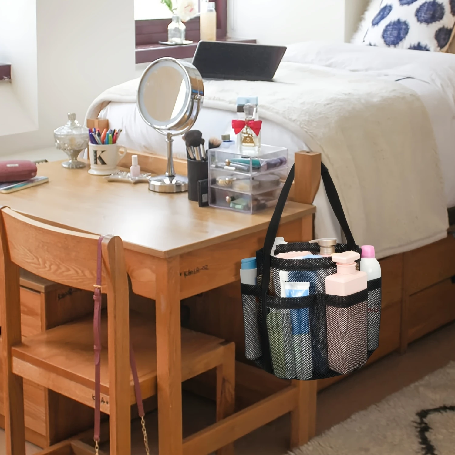 علبة دش شبكية محمولة، سلة استحمام ذات سعة كبيرة لحمل أدوات الزينة في صالة الألعاب الرياضية وغرفة النوم الجامعية، حقيبة استحمام للحمام