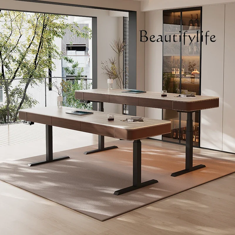 

BJ Retro Travertine Rock Slab Electric Lifting Bar Table Household Computer Desk Office Dual Motor Lifting Table