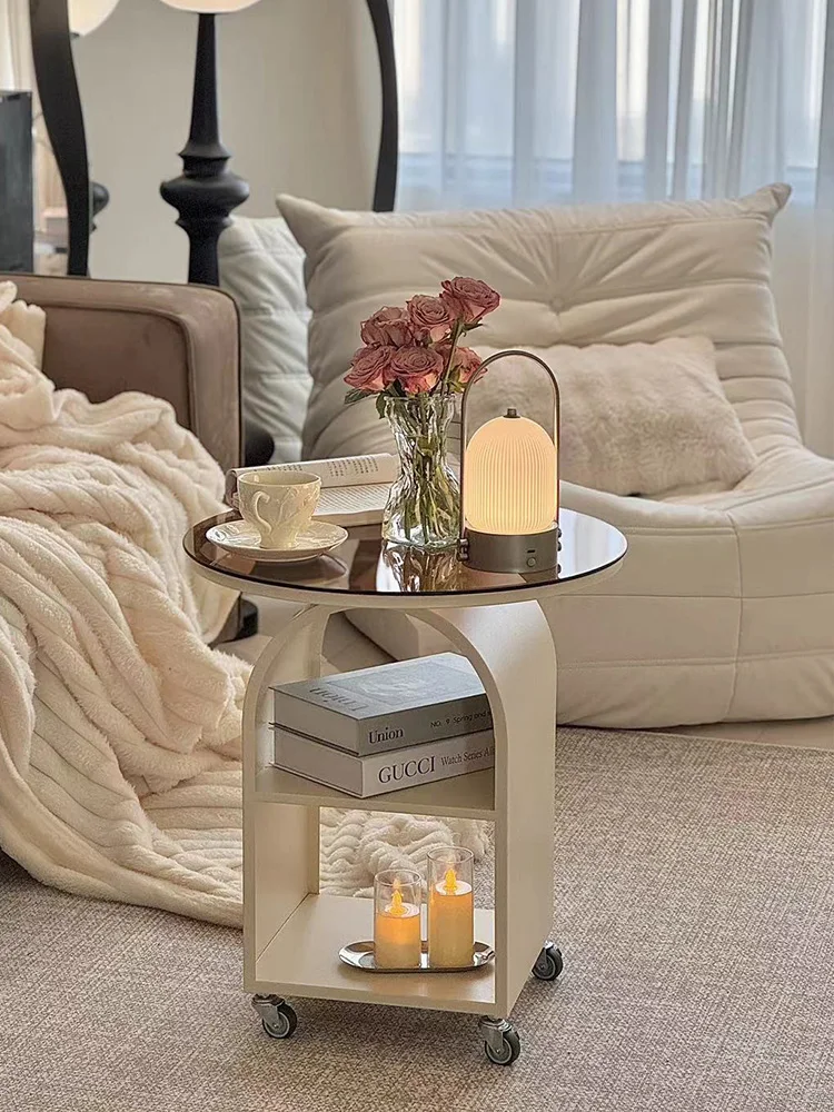 Light Luxury High-End Feel Movable Round Small Trolley Side Table for Home Living Room Vintage Style Creative Storage Rack